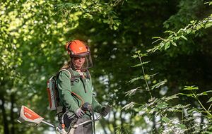 Mitarbeiter mäht Grünfläche mit Freischneider für gepflegte Außenanlagen